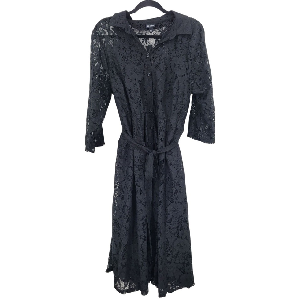 Torrid Womens Maxi Lace Shirt Dress Sz 1 Black Button Down Belted Cocktail Party